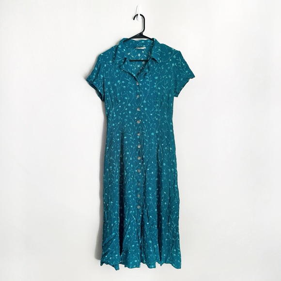 Vintage Coldwater Creek Blue Floral Print Collared Button Up Sundress Midi Dress - Picture 5 of 12